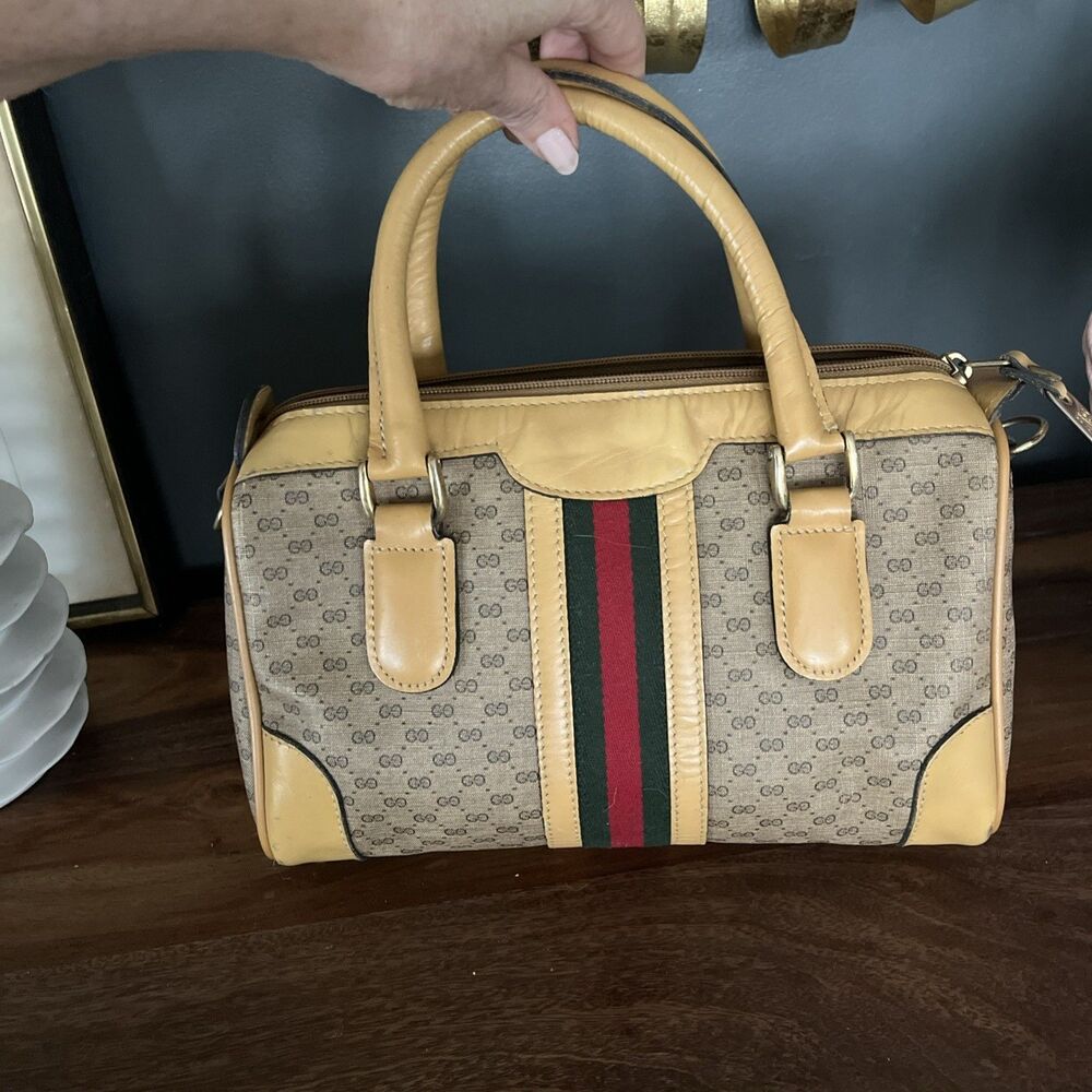 GUCCI Micro GG Sherry Line  Shoulder Bag Brown PVC & Leather Vintage Rare Tan - Picture 8 of 15